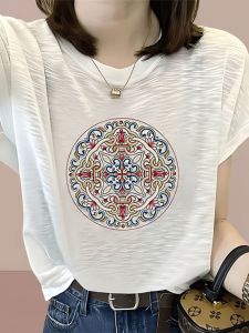 White Bamboo Cotton T-Shirt Womens Summer Fashion Print Thin Short Sleeve Top Versatile Korean Style Loose Fit round Neck