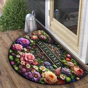 Thảm Cửa Nhung Hoa Hồng Nửa Hình Tròn VIKAMA Chống Trượt Cho Lối Vào Phòng Ngủ Phòng Khách - Thảm Trong Nhà Bằng Kim Loại Màu Xanh Lá Cây Pha Lê Nghệ Thuật Cổ Điển
