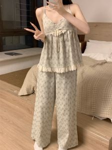 Ren Mùa Hè Bộ Đồ Ngủ Nữ Có Miếng Lót Ngực Quần Dài Và Tay Đeo Họa Tiết Hoa Cổ Chữ V Ở Nhà Quần Áo