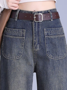 High Waist Wide Leg Denim Jeans Womens Cement Blue Faded Style Spring Autumn New Retro Cover Belly Hip Concealing Pants