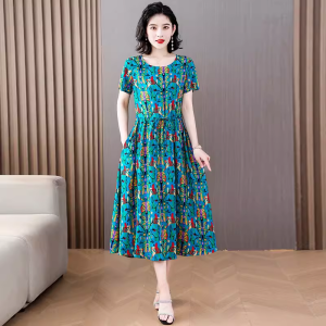 Fashionable Mom Cotton Silk Dress Womens Summer plus Size Midlife Floral Print Slimming with Pocket Skirt Trendy Commute Style