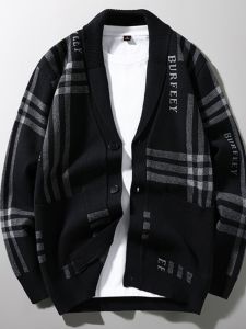 Spring and Autumn Knitted Cardigan Mens Peter Pan Collar Plaid Sweater Coat Mens Clothing Thickening Sweater Cotton Knitwear Outer Jacket