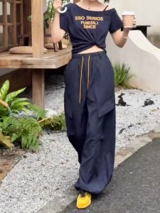 Trendy Korean Style Loose Fit Casual Cargo Pants Blue Color Drawstring Pocket Quick Dry Breathable Thin Leg Autumn Wear