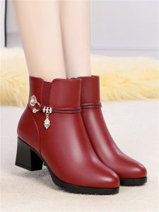 SHIPAILUO | Leather Short Boots Womens Autumn Winter Mom Cotton Shoes Mid Heel Anti-slip Womens Boots Middle Age Fleece Warm Womens Shoes