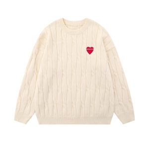 เสื้อสเวตเตอร์คู่รักสีแดงรูปหัวใจ ผูกพัน ฤดูใบไม้ร่วง/ฤดูหนาว 2024 เสื้อถักนิตติ้งหนา หรูหรา เสื้อผ้าทำงานฤดูหนาว