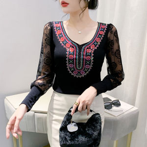 REHIN  Autumn New Fashion Luxurious Heavy Craft Rhinestone Lace Long Sleeve  T-Shirt  Slim Fit Elegant Womens Top