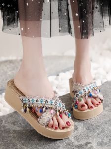 Cross Strap Thick Heel Sandals Womens Ethnic Style Summer Outdoor Fashion Flats Beach Slippers Trendy Rubber Sole Shoes