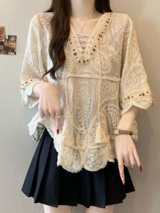 Lace Embroidery Half-Sleeve Slimming Plus Size Womens Blouse