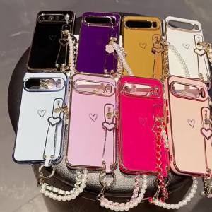 Trendy Plating Glossy Pure Color Silicone Pearl Lanyard Case for Google Pixel 10A 10 Pro XL 9 8 A Pro Shockproof Protector Cover