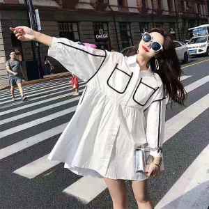 Maternity Dress Plus Size Cotton Korean Shirt Skirt White Dresses Women Summer New Small Fresh Loose High Waist Long Sleeve Doll Skirt Fashion Pregnant Dress