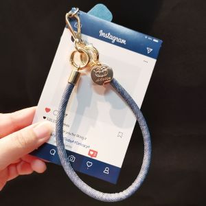 Portable Luxury Womens Phone Strap Leather Bracelet Short Version Personalized Denim Pattern Handbag Chain Anti-Loss Double Buckle Creative New Model
