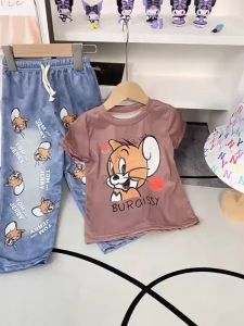 Two Piece Set Childrens Short Sleeve Set Cartoon Jerry T-shirt Pants Boys and Girls Middle and Kids
