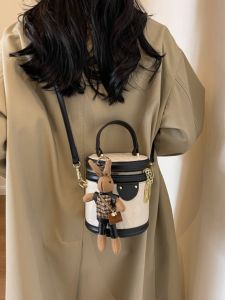 Fashionable Small Bucket Handbag Womens Shoulder Crossbody Bag round Cylinder Handheld Bag Autumn Winter New Style PU Leather