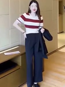 ⚡Port⚡ blouses women new style 2025 Korean fashion tops New Arrivals casual round neck striped knitted blouse for women 2025 new style