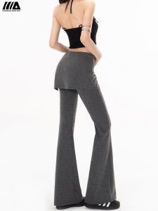 Grey Casual High Waist Bell Bottom Pants Womens Summer Fake Two-Piece Split Curtain Splicing Slimming Sweatpants