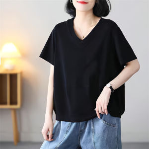 Summer Plus Size Chicken Collar Print Short-Sleeved T-shirt Pure Cotton New Arrival Artsy Easiest for Match Tops Womens Loose V Neck T-Shirt
