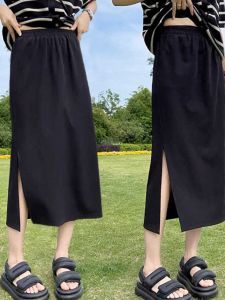 Plus Size Chubby Girl Black Slit Skirt Womens Summer New Arrival High Waist Slim Looking Casual Straight-Leg One-Step Long Skirt