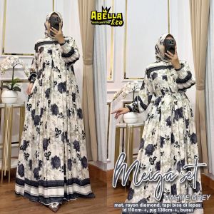 SET MAXY DAN JILBAB MEIGA BY ABELLA LD 110 CM MOTIF BUNGA VINTAGE/ DRESS BAHAN RAYON DIAMOND ADEM LEMBUT PREMIUM HQ