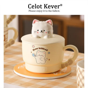 Cute Cat Ceramic Mug with Lid and Spoon Large Capacity