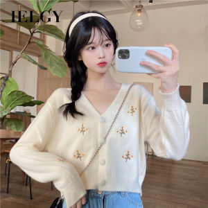 Ielgy áo khoác áo Cardigan dệt kim cổ chữ V thanh lịch ngọt ngào áo dáng ôm thêu ngắn mùa thu cho nữ