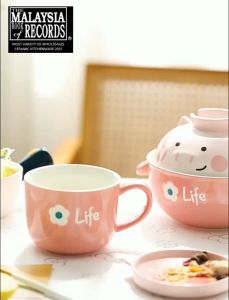 Cute Animal Ceramic Instant Noodle Bowl With Lid/Fruit Salad Bowl With Handle/ Soup Rice Cup Bowl