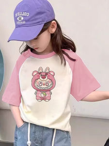 Girls Summer Short Sleeve T-Shirt Patchwork Color Shoulder Insert Pure Cotton Cute Cartoon Print Breathable Loose Fit Childrens Top