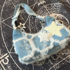 American Style Star Denim Chain Handbag Versatile Cool Retro Crossbody Bag for Young Women Daily Match Zipper Closure Medium Size