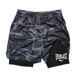 Men Compression Gym Shorts Everlast Printed Sports Pants Double Layered Quick Drying Basketball Beach Muscle Fitness PocketTowel