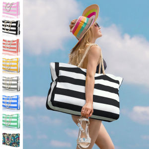 Striped zipper outer bag for outdoor travel and vacation waterproof and sand resistant canvas convenient folding beach bag-zmt