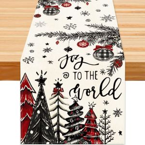 VIKAMA Christmas Table Runner Joy To The World Xmas Tree Snowflake Ornaments for Dining Table Home Winter Holiday Party Decor
