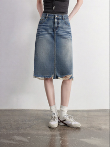 Toyouth | Chân Váy Ngắn Bán Dài Mới Mùa Hè Phong Cách Retro Chân Quần Thẳng Viền Xước Cotton Pha Màu Xanh