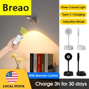 Breao LED Motion Sensor Lights Night Light Wireless USB Rechargeable 3 Colors Adjustable Spotlight Bedside Lamps Wall Lamp Indoor Lighting Room Decoration