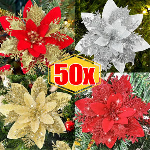Dizoey 50/5PCS Artificial Glitter Christmas Flowers with Clips for Xmas Tree Ornament Fake Flower Floral New Year Party Home Decoration