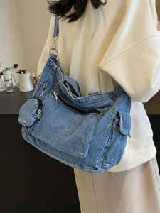 Casual Denim Shoulder Bag Womens Large Capacity Fashionable Crossbody Bag Handbag Soft Handle Commuter Zipper Closure Tote Bag
