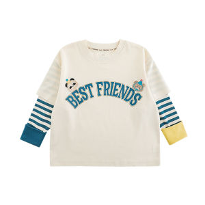 Cute Cartoon Print Girls T-shirt Spring Season Breathable Cotton Blend Long Sleeve round Neck Animal Embroidery Label Fake Two-Piece Top