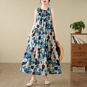 Large Size Womens A-Line Long Dress Color Block Polka Dot Print Cotton Linen Thin round Neck Sleeveless Vest Dress Slimming