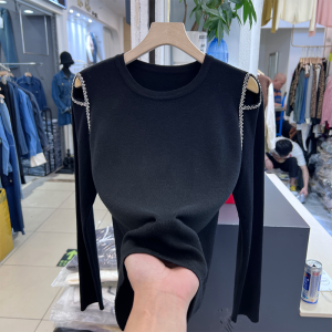 Fall Winter Knitted Shoulder Bared Base Shirt Women plus Size Loose Slimming Woolen Top Korean Style round Neck Long Sleeve Casual Wear