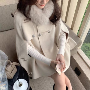 Korean Style Woolen Coat Womens Winter Fashion Small Size Cashmere Collar Shawl Lapel Double Breasted Button Pure Color