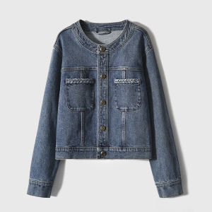 แจ็คเก็ตยีนส์คอปกกลมสไตล์วินเทจ แจ็คเก็ตสั้นผ้าฝ้ายผสมโพลีเอสเตอร์และยางยืด แจ็คเก็ตทรงตรงสำหรับใส่ไปทำงาน