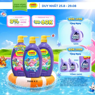 Combo 3 Sữa Tắm Gội cho bé Carrie Junior chiết xuất trái cây thiên nhiên (700g x 3): 1 Hương Grapeberry + 1 Hương Cherry + 1 Tinh Chất Sữa