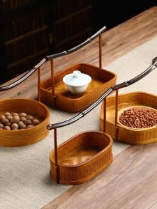 Handcrafted Bamboo Woven round Fruit Basket Tea Set Storage Basket Home Use Vintage Chinese Style Handmade Utility Basket