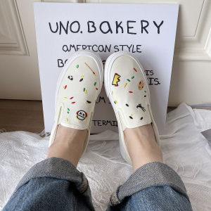 Fall 2024 Womens Thick Bottom Graffiti Slip-On Canvas Shoes Casual Low Top round Toe Rubber Sole Pure Color Student Design