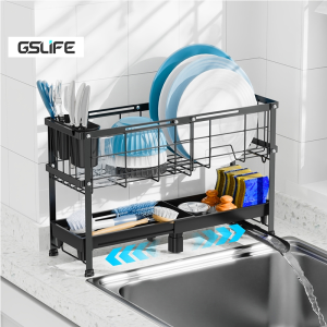 GSlife Heighten Dish Rack Dish Drying Rack Scandable Dish Drainer Rack with Drain Pipe Carbon Steel Drain Storage Rack for Kitchen