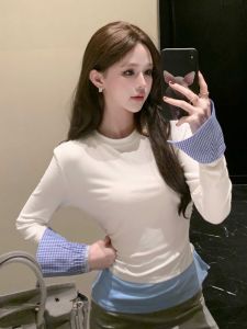 GUZILIAN | French Round Neck Color Block Long Sleeve T-Shirt Women Spring Autumn Inner Wear Slim Fit Korean Style Casual Office Wear