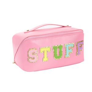 Female Cosmetics Bag Letter Patches PU Leather Makeup Bag Fashion Make Up Organizer Large Capacity Waterproof Toiletries Bags