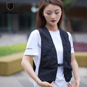 JPDUN Womens Thin Sleeveless Vest Summer Outdoor Climbing Hiking Mens Jacket V-neck Multi-pocket Fashion Urban Style