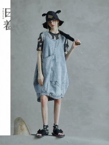 Cotton Light Blue Retro Loose Denim Skirt