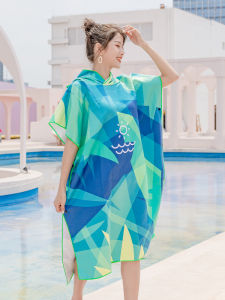 Swimming Quick-Drying Hooded Bath Towel Womens Changing Bathrobe with Hat Wearable Absorbent Towel Portable Sunscreen Beach Towel Cloak