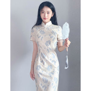 Elegant Lace Cheongsam Long Version in Light Beige for Young Girls Improved 2024 Chinese Style Breathable Short Sleeve