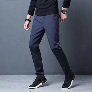 Ice Silk Pants Mens Summer Thin Business Versatile Slim Solid Color Straight Elastic Sports Quick-drying Casual Pants Trousers